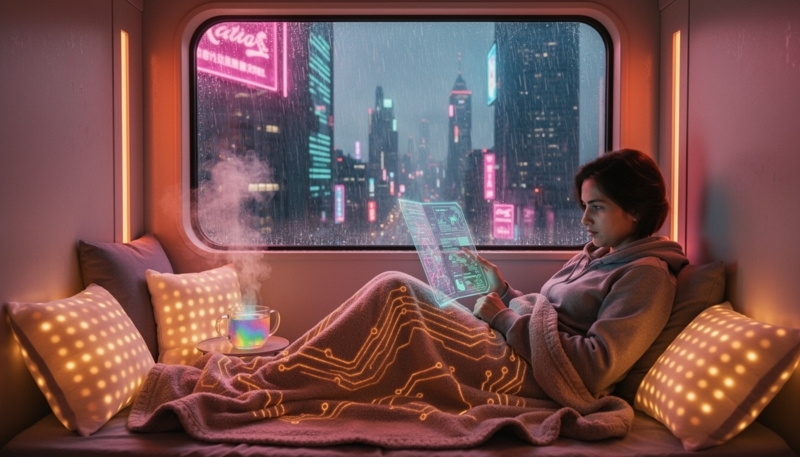 Cyberpunk Nook with a Circuit Pattern Blanket