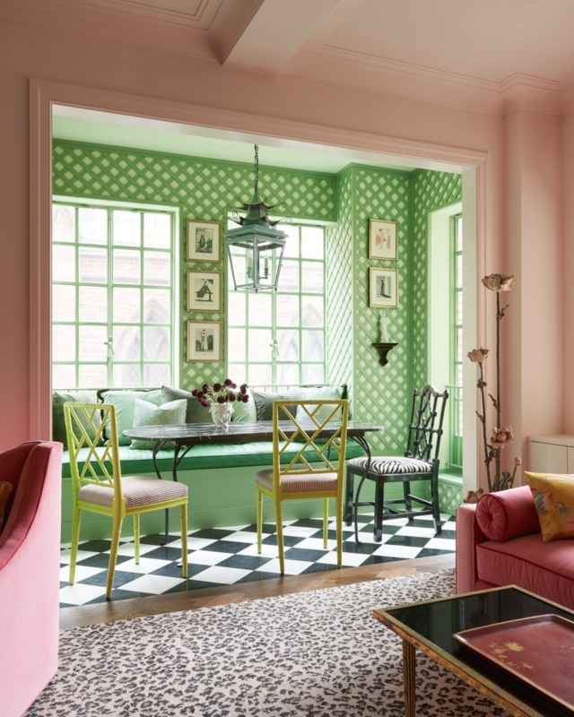 Daring Breakfast Nook with Green Lattice Wallpaper