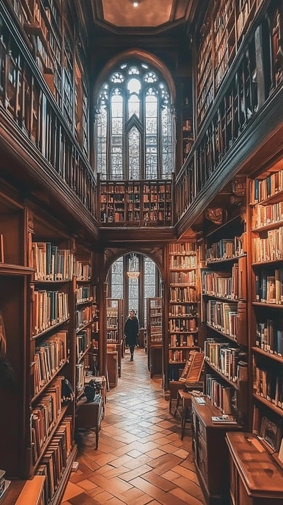 Dark Academia Library Design with Arched Gothic Window