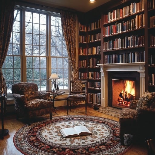 Dark Academia Library Nook: Traditional Upholstered Armchairs & Fireplace.