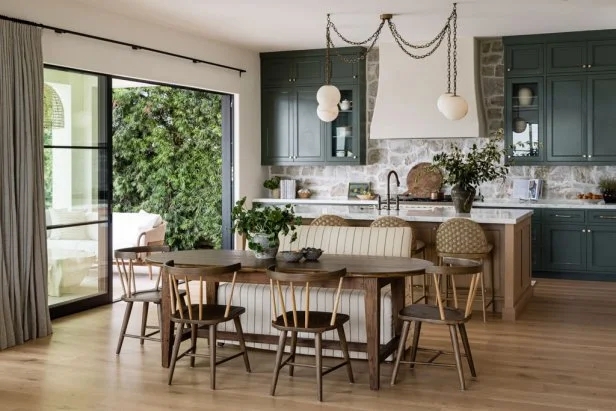 Dark Green Kitchen Cabinets: Stone Backsplash & Striped Banquette