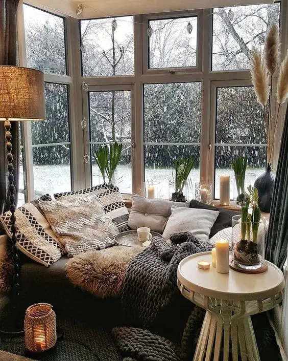 Daybed with Chunky Knit Layering for Hygge Winter Window Seat Ideas.