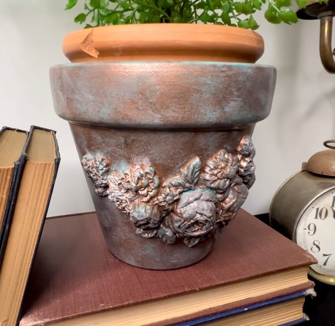 Decorative Planter Verdigris Floral Relief Faux Copper Patina Cottagecore