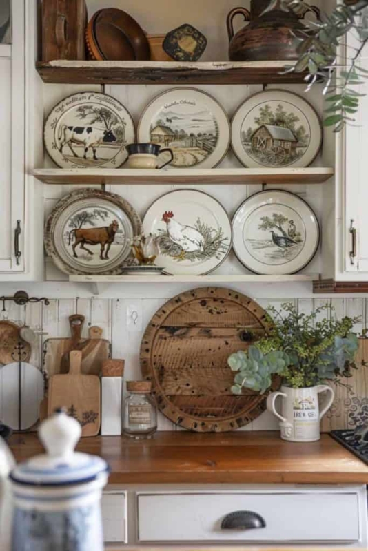 Decorative Plate: Farm Animal Motifs on Weathered Wood Shelves, Cottagecore