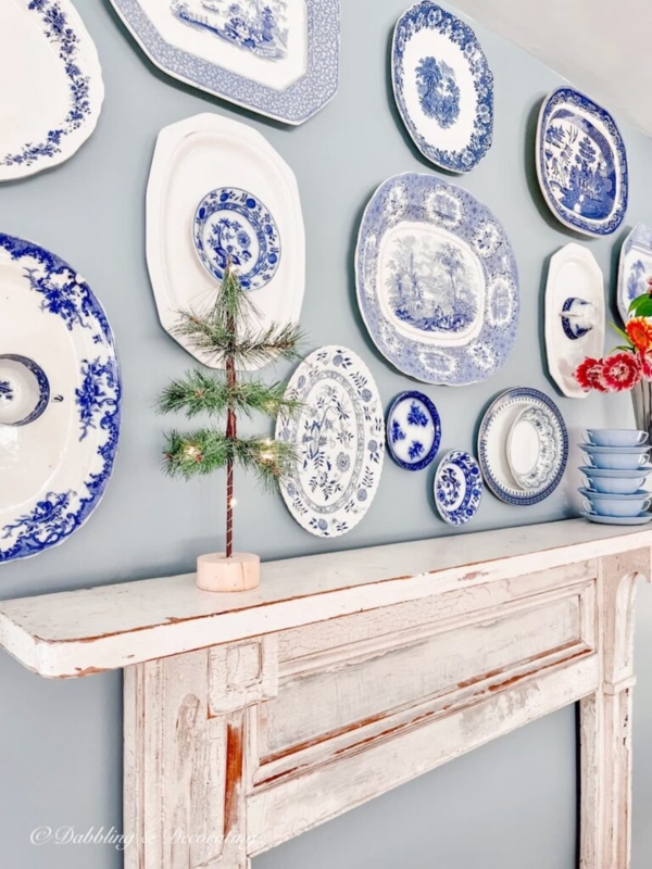 Decorative Plates: Asymmetrical Platter Gallery, Distressed Mantel Styling