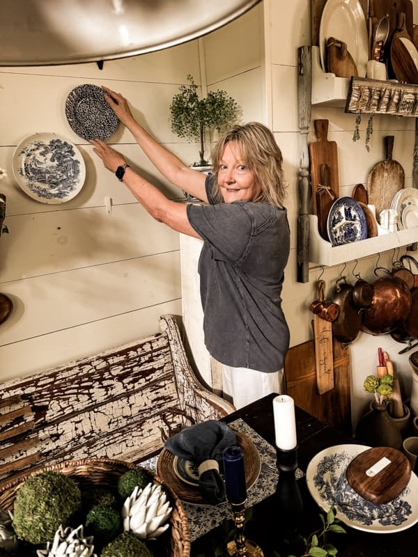 Decorative Plates: Blue and White Display, Copper Pot Hanging Rack, Rustic