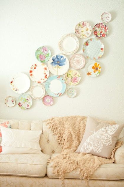 Decorative Plates: Floral Ceramic Wall Art over Tufted Sofa, Cottagecore