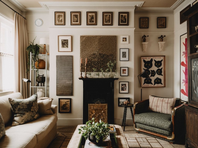 Dense Gallery Wall and Matte Black Mantel in Eclectic Living Room
