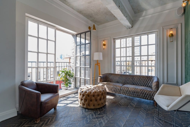 Diamond Tufted Leather-like Sofa Ottoman Herringbone Wood Floor