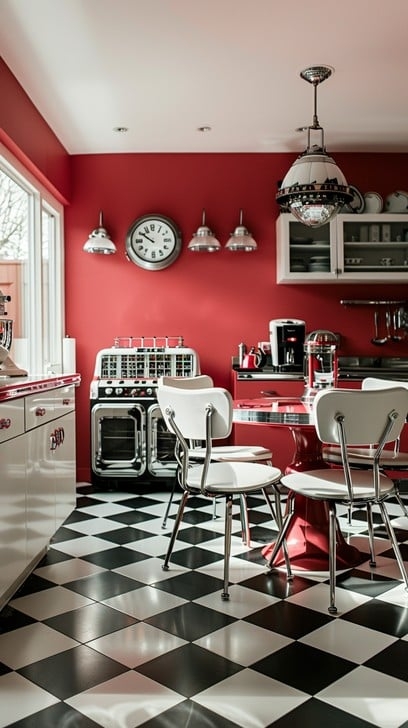 Diner Style Kitchen with Red Walls, Checkered Floor, and Pedestal Table
