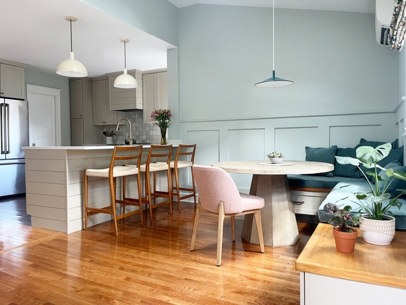 Dining Nook: Sage Green Wainscoting & Built-In Banquette Seating