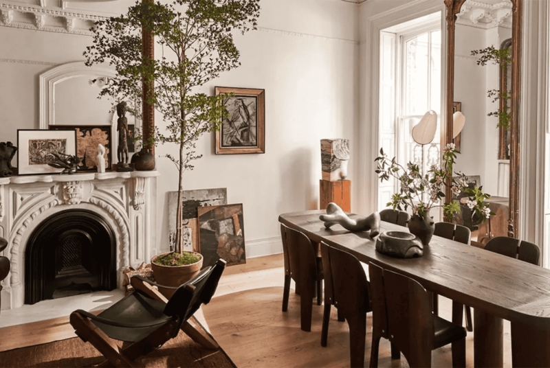 Dining Room Layout with Ornate Period Moldings & Dark Wood Furniture