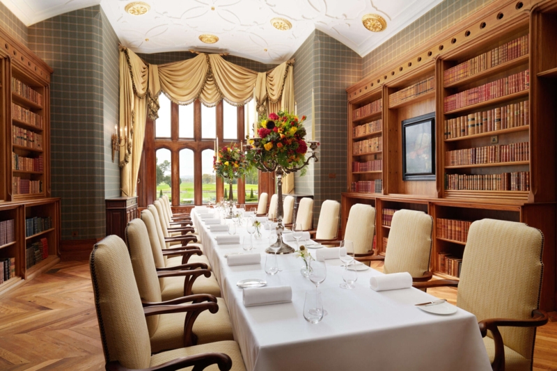 Dining Room Library with Ornate Plaster Ceiling and Tartan Walls