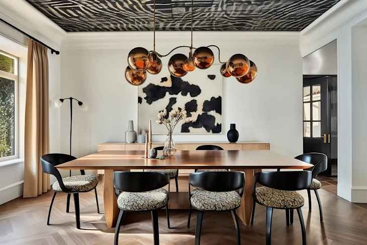 Dining Room Zebra Patterned Ceiling with Amber Globe Chandelier