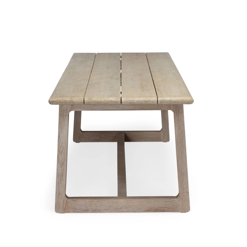 Dining Table: Long Slatted Patio Table Trestle Base Central Stretcher Weathered