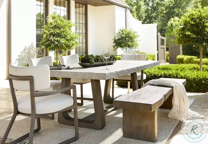Dining Table: Thick Stone Top Weathered Teak U-Shaped Legs Organic Modern