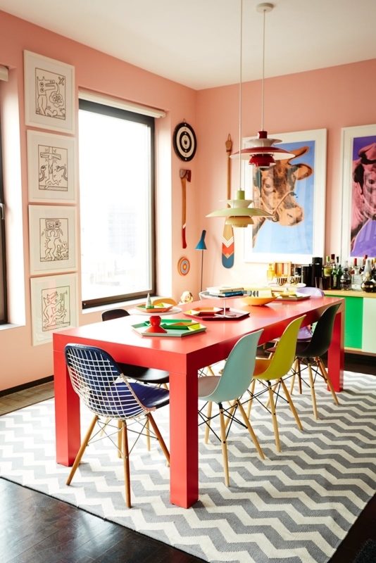 Dining Table with Multi Colored Dining Chair Set and Chevron Rug