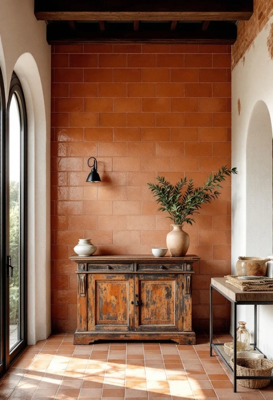 Distressed Wood Sideboard in a Mediterranean Entryway with Clay Tiles.