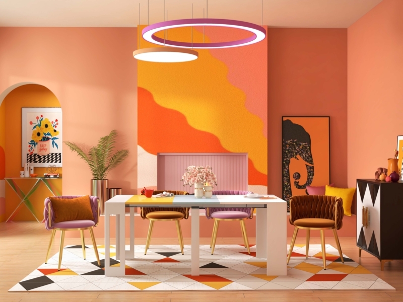 Dopamine Dining Table with Halo Ring Pendants and Wavy Mural