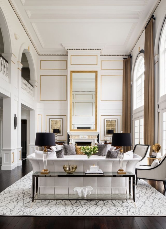 Double-Height Ceiling Great Room with Gold Greek Key Molding