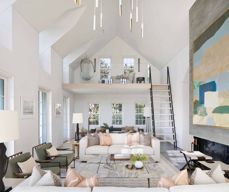 Double Height Living Room Layout with Mezzanine Loft and Abstract Art