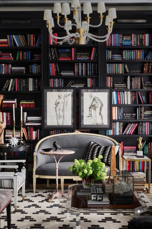 Dramatic Home Library: Dark Academia Design with Geometric Monochrome Rug