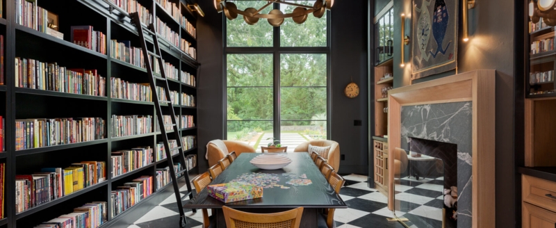 Dramatic Home Library Dining Room with Checkered Tile Floor