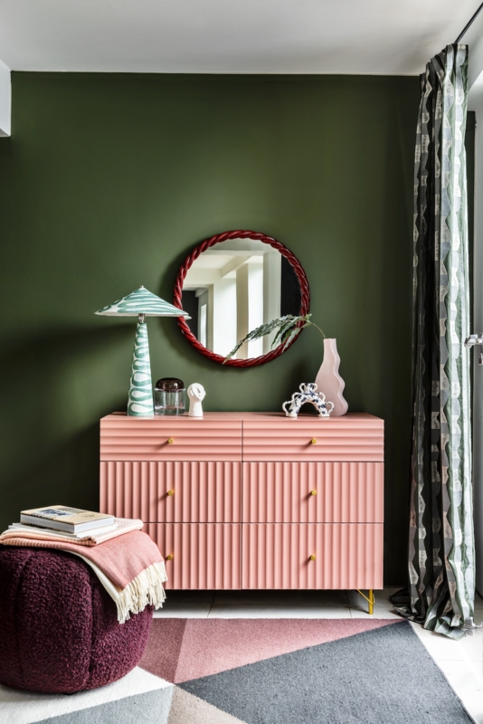 Dresser Pink Fluted Fronts against Olive Green Wall