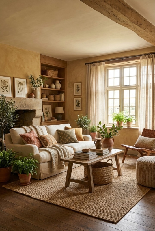 Earthy Rustic Living Room with Botanical Gallery Wall