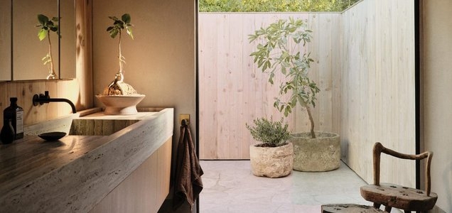 Earthy Wabi-Sabi Bathroom with Stone Vanity & Vertical Plank Walls