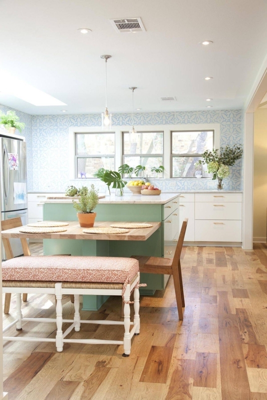 Eat-in Kitchen Design: Pastel Green Island & Integrated Wood Table