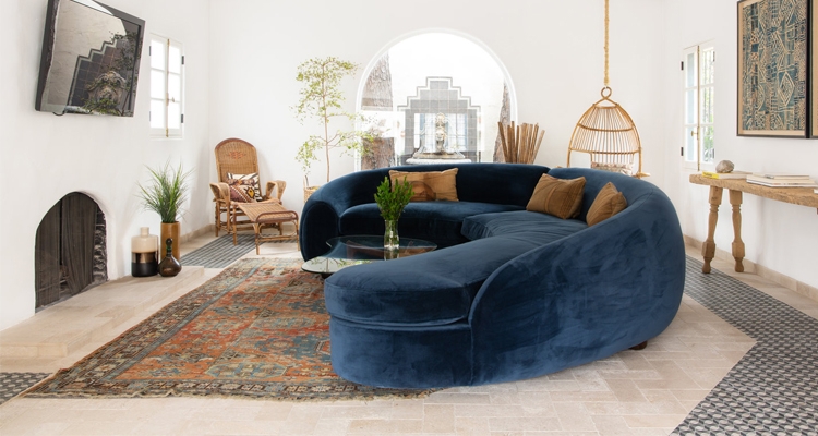 Eclectic Boho Living Room: Navy Velvet Curved Silhouette Sectional