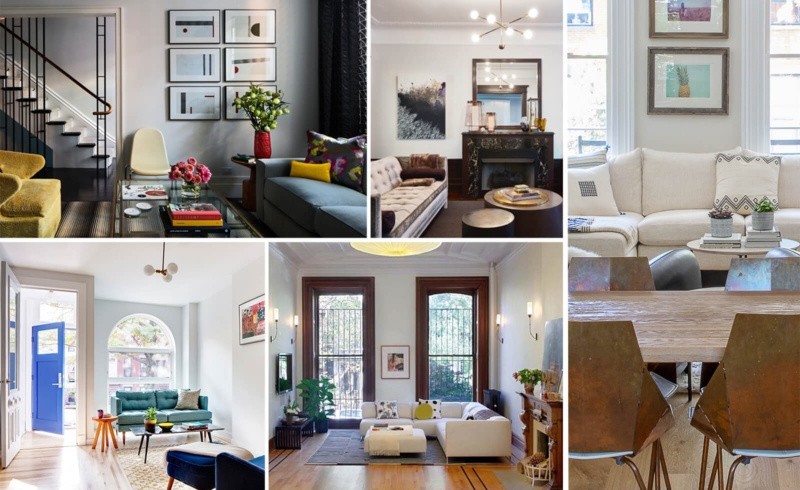 Eclectic Brownstone Parlor Design with Gallery Wall and High Ceilings