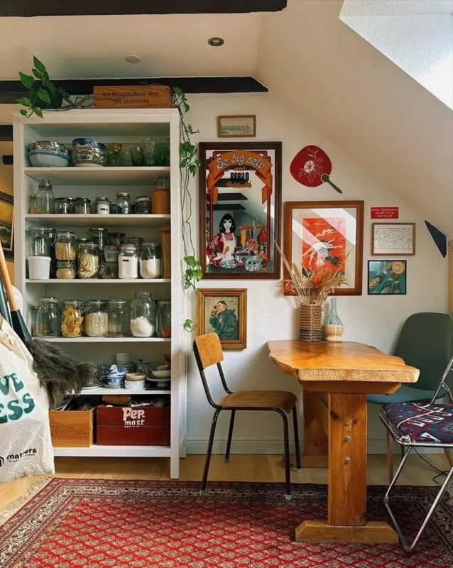 Eclectic Dining Nook with Open Pantry Shelving