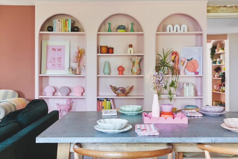 Eclectic Dining Room featuring Pastel Pink Arched Alcove Shelving