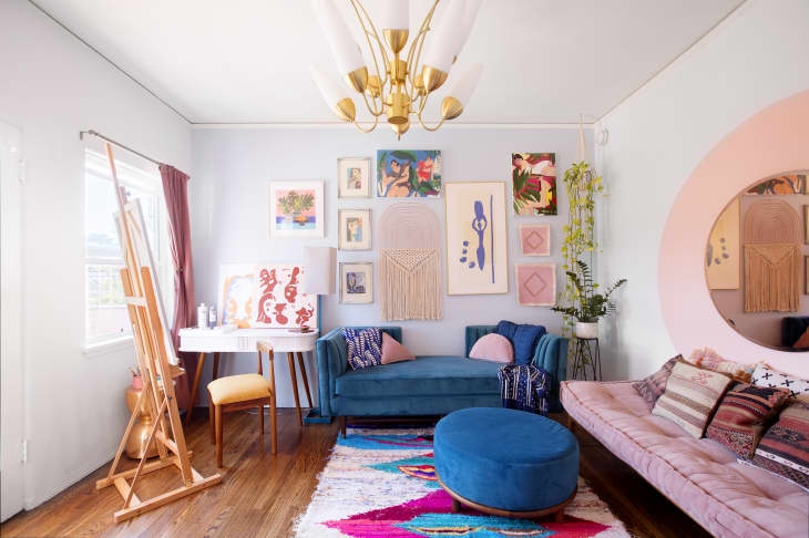 Eclectic Gallery Wall Layout Ideas in Pastel Blue Bohemian Studio