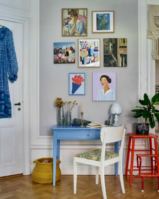 Eclectic Gallery Wall Office Nook with Light Blue Painted Desk