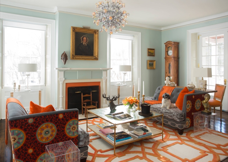 Eclectic Grandfather Clock amidst Orange and Blue Palette