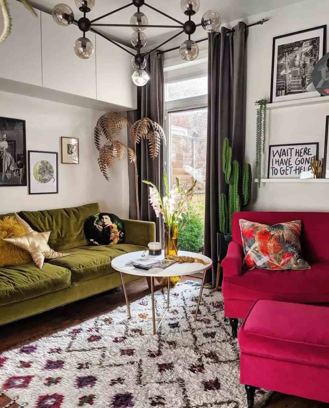 Eclectic Jewel Tone Living Room Shaggy Geometric Rug Velvet Seating