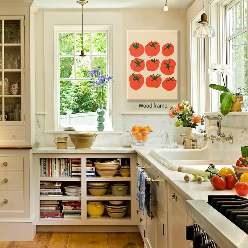 Eclectic Kitchen Interior Marble Backsplash Cookbook Shelving