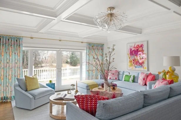 Eclectic Living Room: Grid Coffered Ceiling & Spiky Chandelier