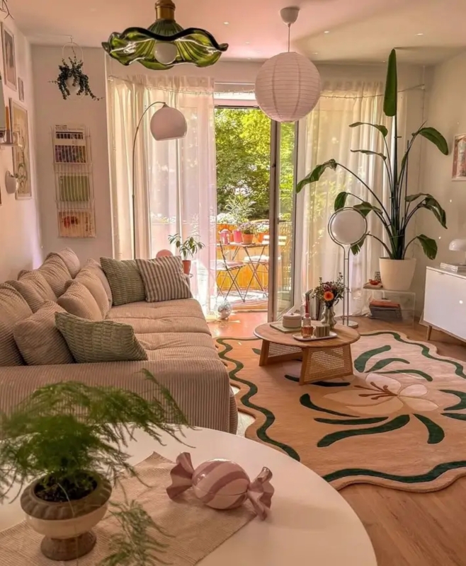 Eclectic Living Room with a Scalloped Floral Rug