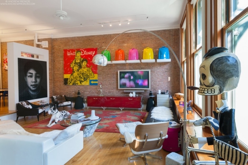 Eclectic Loft Living Room Decor with Exposed Brick Wall and Arch Lamp