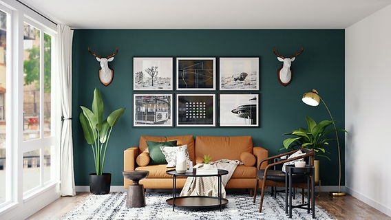 Eclectic Modern Room: Deep Teal Accent Wall & Tan Leather-Like Sofa