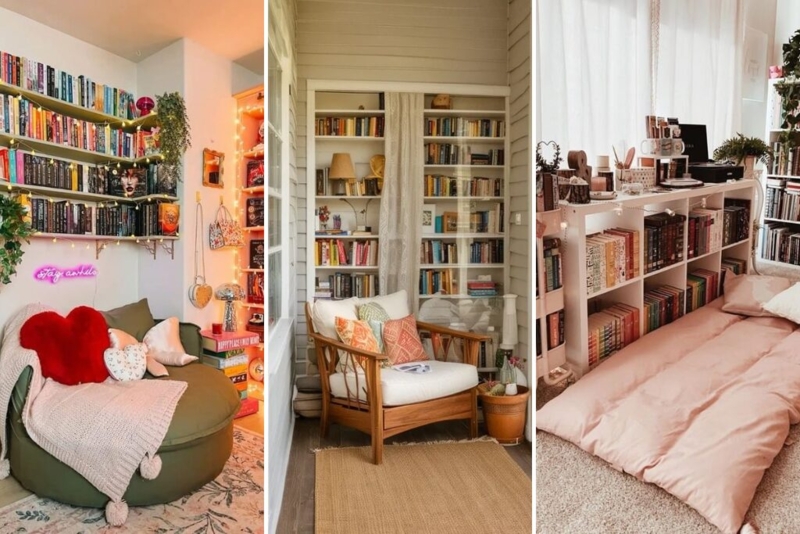 Eclectic Reading Corner with oversized round swivel chair and lights.