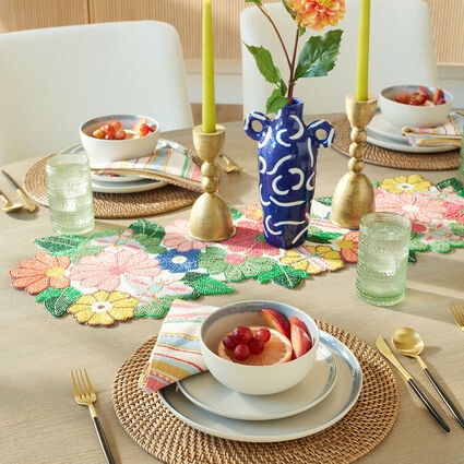 Eclectic Tablescape Beaded Table Runner Gold Spindle Candle Holders