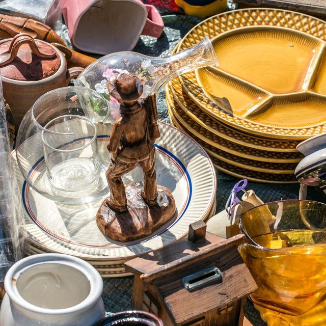 Eclectic Tabletop Decor: Mustard Yellow Ceramic Dinnerware & Amber Glass