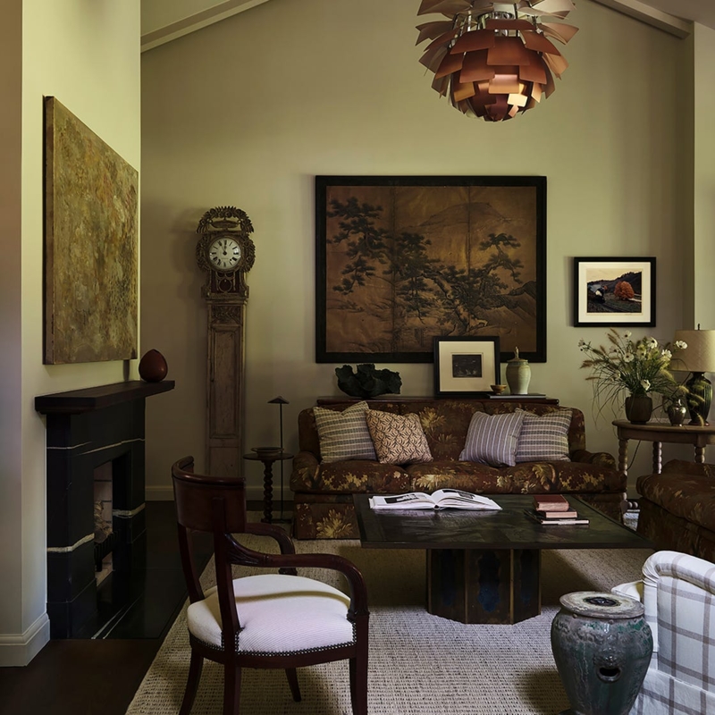 Eclectic Traditional Living Room with Artichoke Pendant Light