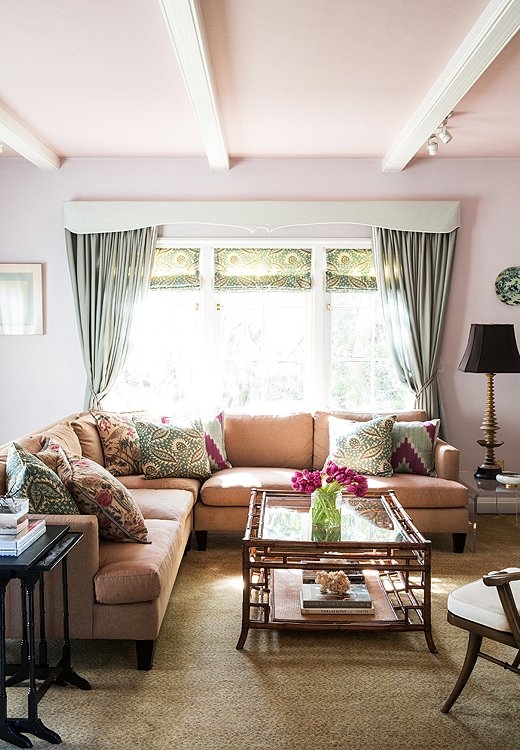Eclectic Traditional Room: Blush Pink Ceiling & Scalloped Valance