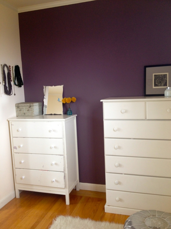 Eggplant Purple Bedroom Accent Wall and Mismatched White Dressers